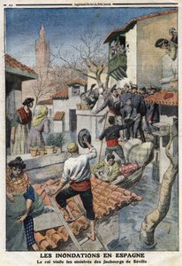 Inundações em Espanha: O Rei Afonso XIII (1886-1941) visita os sinistros subúrbios de Sevilha. Gravura no "Le Petite Journal", em 25/02/1912. Coleção privada. de Anonymous Anonymous