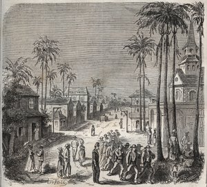 Forcats indo trabalhar no penitenciário Saint-Laurent (Saint-Laurent) em Cayenne (Guiana Francesa) no século XIX. Gravação em "Histoire des bagnes depuis leur création à nos jours" (1877) por Pierre Zaccone (1817-1895) (Colonia Penale - colônia penal) de Anonymous Anonymous