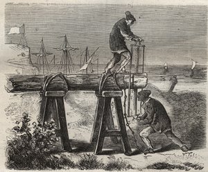Forcats saweurs du penitencier Saint-Laurent (Saint-Laurent) à Cayenne (Guiana Francesa), no século XIX. Gravura em "Histoire des bagnes depuis leur création à nos jours" (1877) de Pierre Zaccone (1817-1895) (Colonia Penale - colônia penal). Privado c de Anonymous Anonymous