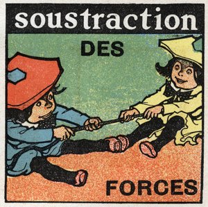 Forças: subtracção de forças. Dois miúdos a puxar uma corda. Ilustração anónima de 1925. Coleção privada. de Anonymous Anonymous