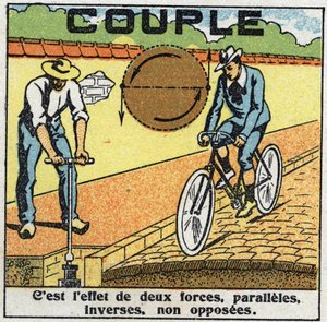 Forças: torque ou força de torção. Fonte e ciclista. Ilustração anónima de 1925. Colecção privada. de Anonymous Anonymous