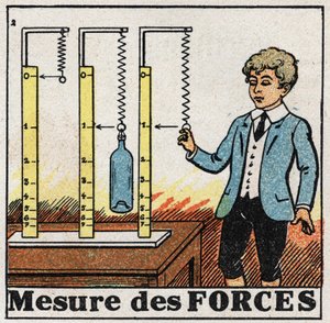 Forças: uso de molas chamadas dinamômetros para medir forças. Ilustração anónima a partir de 1925. Coleção privada. de Anonymous Anonymous