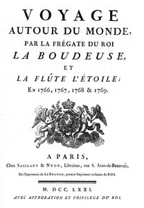 Frontispício de 1771 do livro "Voyage Around du Monde par la frigate du roi la boudeuse et la flute L