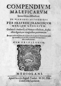 Frontispício do "Compendium Maleficarum", trata das bruxas, do seu mal e dos seus institutos por Francesco Maria Guazzo ou Guaccio ou Guaccius (15?? -16??) 1608 de Anonymous Anonymous