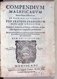 Frontispício de Compendium maleficarum de Guazzo sobre demonologia e bruxaria (gravura de Anonymous Anonymous