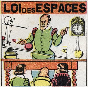 Grainness: lei dos espaços. Galileia (ou Galileu Galilei (1564-1642) observa o movimento de uma bola num plano inclinado para estudar a queda dos corpos. Ilustração anônima de 1925. Coleção privada. de Anonymous Anonymous
