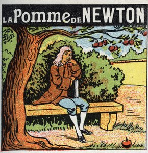 Gravitação: A maçã de Newton. Isaac Newton (1642-1727) observa uma maçã a cair de uma macieira e descobre as leis da gravidade da terra (gravite). Ilustração anônima de 1925. Coleção particular. de Anonymous Anonymous