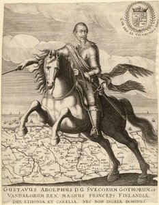 Gustave II Adolphe, dit le Grand ou le lion du Nord (1594-1632), roi de Suede, chevauchant la carte de Pomeranie - Gustavus Adolphus antes do mapa de Pomerania ao fundo - Anónimo - 1630 - Gravura em cobre - 30,4x23,9 - Colecção Privada de Anonymous Anonymous