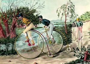 História da bicicleta: Corrida de grandes bi (grand bi). Gravura do século XX. Colecção privada de Anonymous Anonymous