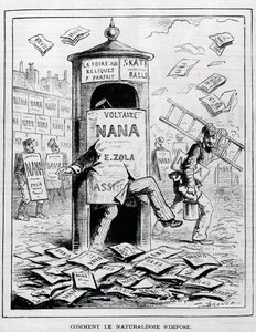 Como o naturalismo é imposto: desenho satírico no romance naturalista sobre o livro "Nana", de Emile Zola. Gravura do século XIX. Coleção particular. de Anonymous Anonymous