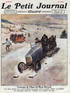 Inovação nos carros nas montanhas, as pistas são colocadas sobre as rodas evitando derapagens. Ilustração retirada do "Le petit journal" de 27/02/1921. Coleção Particular de Anonymous Anonymous