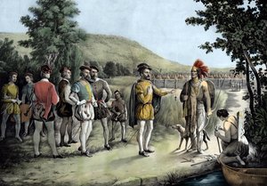 Jacques Cartier, sua primeira entrevista com os índios no Hochelaga, agora Montreal, em 1535 (litho de Anonymous Anonymous