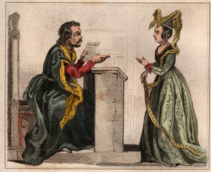 Jehan Pastoret (1328-1405), Presidente do Parlamento de Paris sob o reinado de Carlos V com uma mulher nobre, vestindo um liripião. Gravura de 1859 em "Le Monde. História de todos os povos desde os tempos mais remotos até os dias de hoje". por M. E. de Los de Anonymous Anonymous