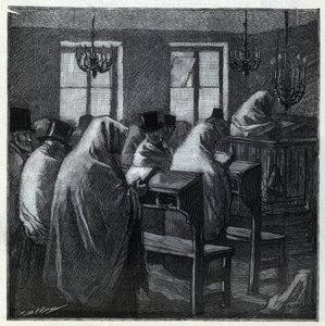 Festas judaicas: fideles durante a oração dentro de um oratório durante as férias. Gravura em "Le monde illustree" de 1892. Coleção particular. de Anonymous Anonymous