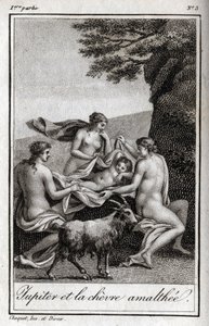 Criança de Júpiter alimentada pela cabra Amalthee. Gravura de 1819 em "Lettres a Emilie sur la mythologie" de Charles Albert Demoustier (1760-1801). Coleção privada. de Anonymous Anonymous