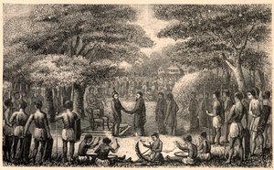 O rei Lebuschi dá as boas-vindas a Henri Depelchin (1822-1900), missionário jesuíta e primeiro superior da missão do Alto Zambeze em África. Gravura em "Les Missions Catholiques au XIXeme Siecle" de Louis-Eugene (Louis Eugene) Louvet. colecção privada. de Anonymous Anonymous