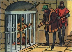O Rei Luís XI visitando as jaulas da prisão da Bastilha. Ilustração anónima na "Collection des souverains et chefs d