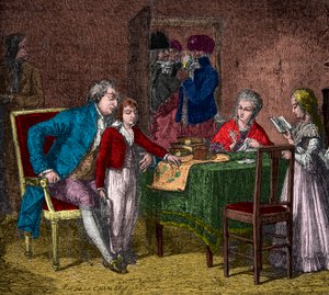O Rei Luís XVI e a família real mantidos no templo sob a supervisão dos revolucionários, Gravura, Coleção Privada de Anonymous Anonymous