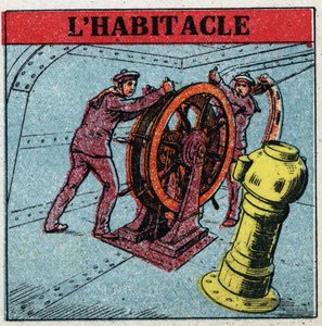 Magnetismo terrestre: dois marinheiros manobrando o leme de um navio olhando para o cockpit, uma caixa de cobre na qual se encontra um compacto. Ilustração anónima de 1925. Colecção privada. de Anonymous Anonymous