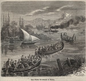 Le bagne de Toulon - une chaine descendant le Rhone - Engraving in "Histoire des bagnes depuis leur création à nos jours" (1877) por Pierre Zaccone (1817-1895) (Colonia Penale - colônia penal) de Anonymous Anonymous