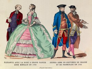 Esquerda: Elegante com um vestido de cesta grande, mondain abbe em 1760/direita: Jovens de caça e traje de passeio em 1760 (regne do rei Luís XV) - coleção particular de Anonymous Anonymous
