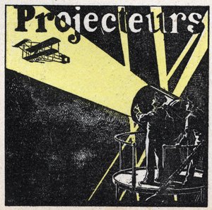 Reflexão de luz: holofotes usados para avistar um avião no céu à noite. Ilustração anônima de 1925. Coleção particular. de Anonymous Anonymous