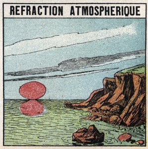 Refracção da luz: A refracção atmosférica dá a ilusão de que o sol é maior ao nascer ou ao pôr-do-sol do que ao zénite. Ilustração anônima de 1925. Coleção particular. de Anonymous Anonymous