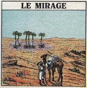 Refracção da luz: miragem. A refracção atmosférica dá a ilusão de um oásis a aparecer num deserto. Ilustração anónima de 1925. Coleção privada. de Anonymous Anonymous