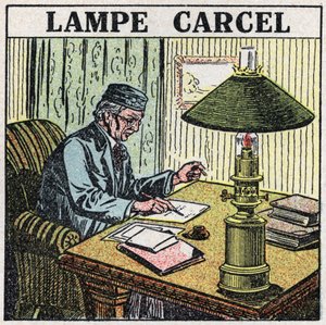 Fontes de luz: Candeeiro Carcel, inventado por Guillaume Carcel (1750-1812) e que utiliza óleo vegetal. Ilustração anónima a partir de 1925. Coleção particular. de Anonymous Anonymous