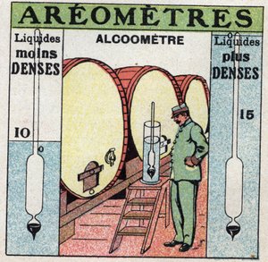 Balanço de líquidos: mede a densidade de um álcool com um alcoómetro (um aerómetro utilizado para álcool). Ilustração anónima a partir de 1925. Coleção privada. de Anonymous Anonymous