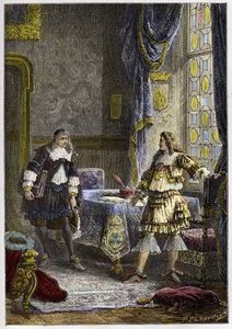 Luís XIV congedie Nicolas Fouquet - Luís XIV demitindo o Superintendente de Finanças, Nicolas Fouquet - gravura de "L