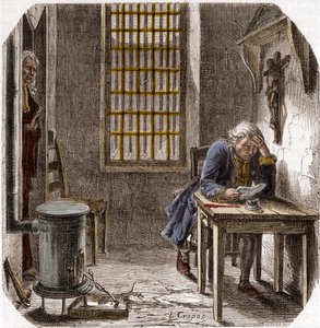 Luís XVI (1754-93) Lendo seu último testamento no Templo 1792 - Luís XVI lendo seu testamento na torre do Templo em 25 de dezembro de 1792 - Gravura no "Histoire des Girondins" de Alphonse de Lamartine (1790-1869) 1865-1866 - Coleção particular de Anonymous Anonymous