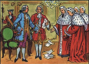 Luís XV (1710-1774), rei da França, decompõe as decisões do parlamento. Ilustração anónima na "Collection des souverains et chefs d