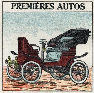 Tração mecânica: os primeiros carros a gasolina inventados em 1895 por Panhard e Levassor. Ilustração anónima a partir de 1925. Colecção privada. de Anonymous Anonymous