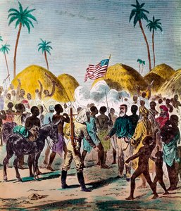 Reunião do jornalista Henry Morton Stanley (1841-1904) e David Livingstone (1813-1873), médico e explorador britânico, em 10/11/1871 na Tanzânia. Gravura da coleção privada do século XIX de Anonymous Anonymous