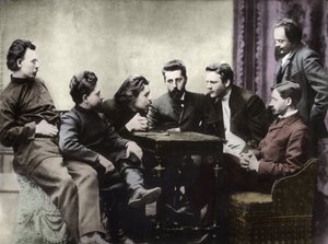 Membros do círculo literário Sreda, formado na segunda metade da década de 1890 por escritores russos realistas - Retratos de intelectuais russos do grupo literário Znanie: da esquerda para a direita, Andrei Skitalets (Stephan Gabrilovich Petrov), Leonid N de Anonymous Anonymous