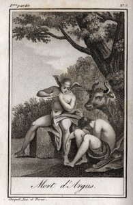 Mercúrio e Argus (Mercúrio e Argus). Morte de Argus: Mercúrio tocado pela flauta para adormecer Argus e deliciar a ninfa Io, transformada em vaca. Gravura de 1819 em "Lettres a Emilie sur la mythologie" de Charles Albert Demoustier (1760-1801). de Anonymous Anonymous