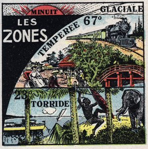 Meteorologia: distribuição de calor na terra e diferentes climas (quente, temperado, zonas polares). Ilustração anónima de 1925. Coleção privada. de Anonymous Anonymous