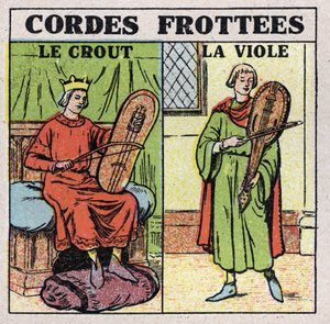 Instrumentos musicais: instrumentos de corda esfregados. Tocadores de crout e estupros na Idade Média. Ilustração anónima de 1925. Colecção privada. de Anonymous Anonymous