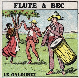Instrumentos musicais: instrumentos de sopro. Galubet player (flauta um bico). Ilustração anónima de 1925. Coleção particular. de Anonymous Anonymous