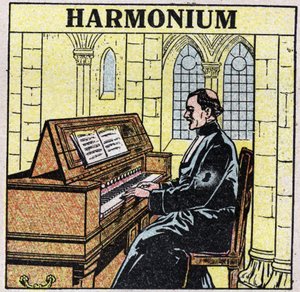 Instrumentos musicais: instrumentos de sopro na anca. Tocador de harmônio em uma igreja. Ilustração anónima de 1925. Coleção particular. de Anonymous Anonymous
