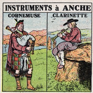 Instrumentos musicais: instrumentos de sopro na anca. Cachimbos e clarinetistas. Ilustração anónima de 1925. Colecção privada. de Anonymous Anonymous