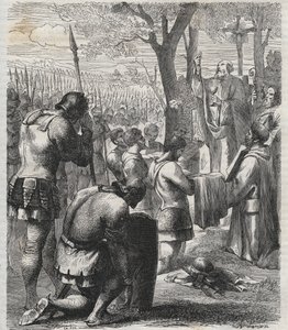 Otto I, Santo Imperador Romano recebe a comunhão antes da Batalha de Lechfeld (955) - O Imperador alemão Otton I (Othon) (912-973) recebe a comunhão antes da Batalha de Lechfeld em 955 - gravura de 1864 de Anonymous Anonymous