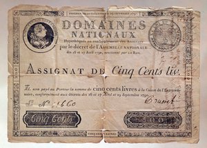Papel emitido durante a Revolução Francesa: uma atribuição de 500 libras a partir de 1790. Coleção privada de Anonymous Anonymous