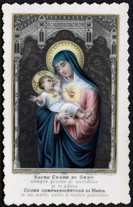 Imagem piedosa: Jesus como criança nos braços de sua mãe Maria, com o Sagrado Coração (gravura) de Anonymous Anonymous