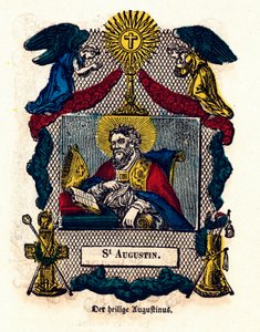 Imagem piedosa: Santo Agostinho (Agostinho de Hipona (354 - 430), eveque e doutor da Igreja, autor da Regra de Santo Agostinho e das Confissões). Gravura da Coleção Privada do século XIX de Anonymous Anonymous