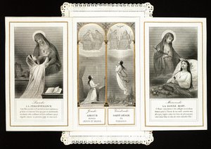 Imagem piedosa: "perseverança, amor para com Jesus e Maria, o Santo Desejo do Paraíso, a Boa Morte" Cartão Dentelee em tryptic. Coleção Particular do século XIX de Anonymous Anonymous