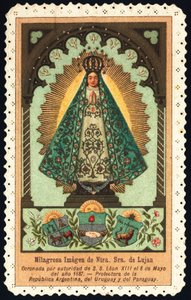 Imagem piedosa: "representação de Nuetra Seniora (Nossa Senhora) de Lujan, protetora da Argentina, Paraguai e Uruguai" Dentelee Card Private Collection de Anonymous Anonymous
