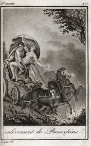 Plutão (Hades) toma Persephone (Prosérpina) na frente de sua mãe, Ceres (Demeter), e o leva para o reino do Submundo. Plutão transporta Perséfone para o seu reino, o submundo, na mitologia grega. Gravura de 1819 em "Lettres a Emilie s de Anonymous Anonymous