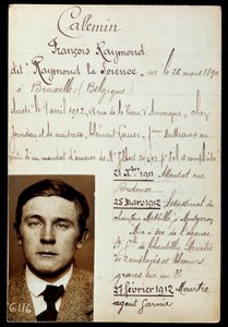 Ficha policial de Raymond Callemin dit Raymond la Science (1890-1913), cúmplice de Jules Bonnot (banda a Bonnot) com a lista dos seus crimes de Anonymous Anonymous